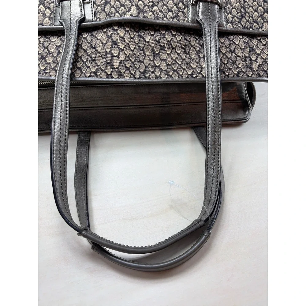 Coach Snakeskin Print Canvas Metallic Leather Trim Shoulder Bag Tote Pewter